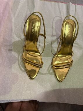 ALDO Metallic Gold Strappy Pointed-Toe Slingback Heels